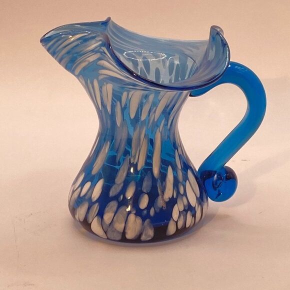 Rainbow Small Mini Pitcher Splatter Vase Blue White Hand Blown Hand Painted - Picture 1 of 13